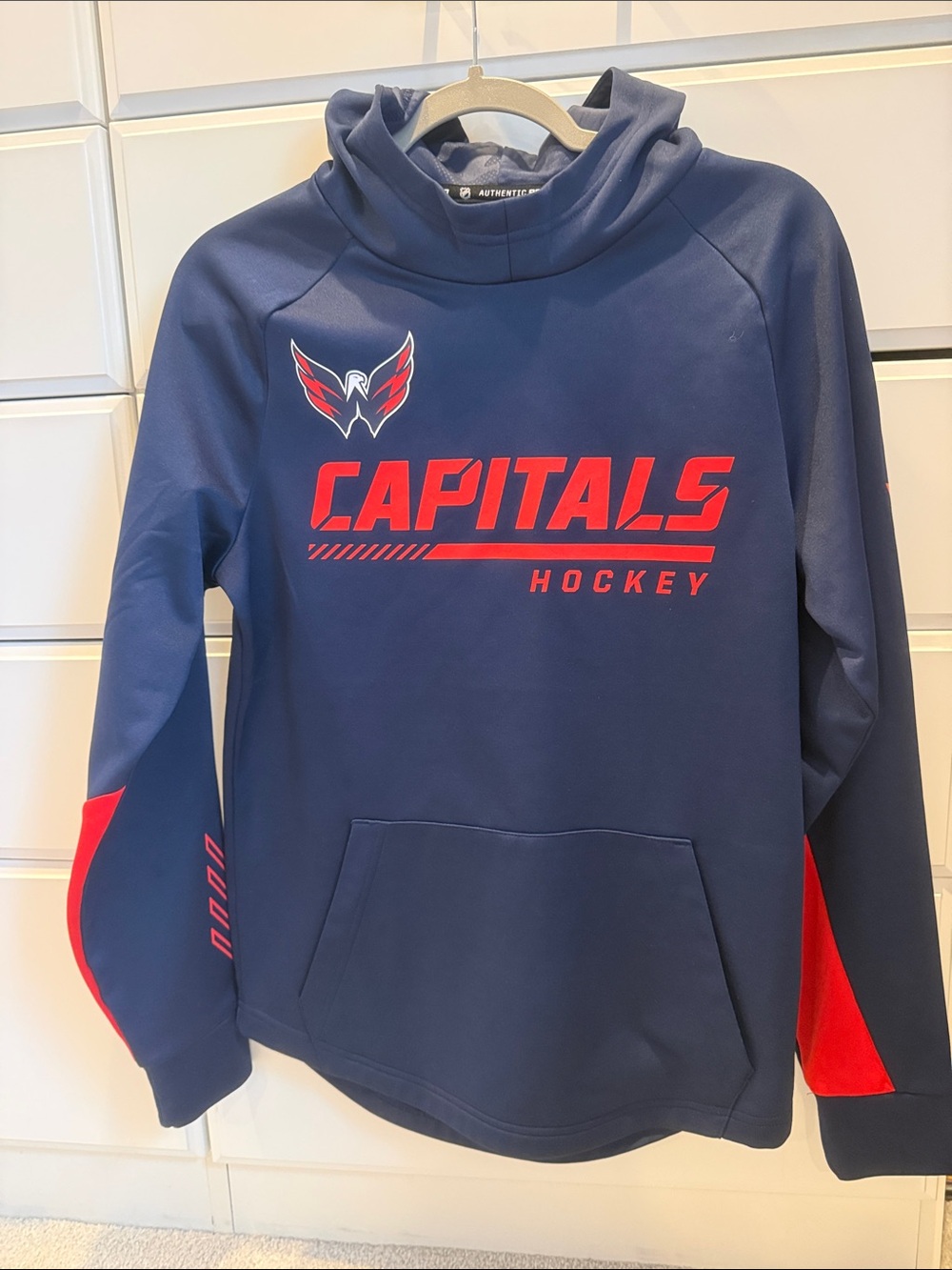 NHL Authentic Pro Capitals Navy and Red Hooded Sweatshirt